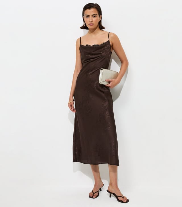 New Look Women's Dark Brown Lace Trim Floral Jacquard Strappy Midi Dress New Look - 2