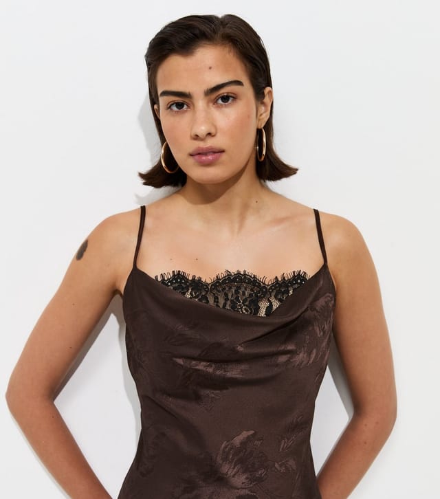 New Look Women's Dark Brown Lace Trim Floral Jacquard Strappy Midi Dress New Look - 3