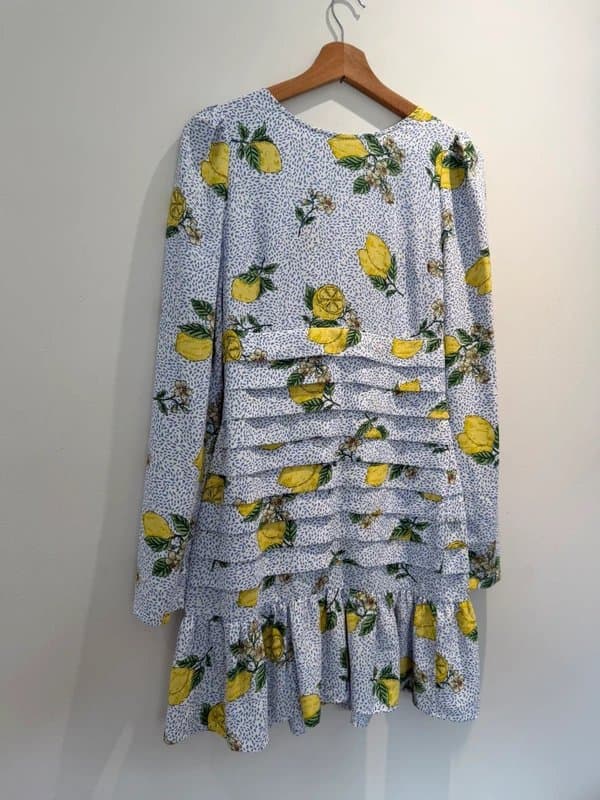 Never Fully Dressed Never Fully Dressed Lemon Print Ruched Mini Dress Size S Long Sleeve Frill Hem