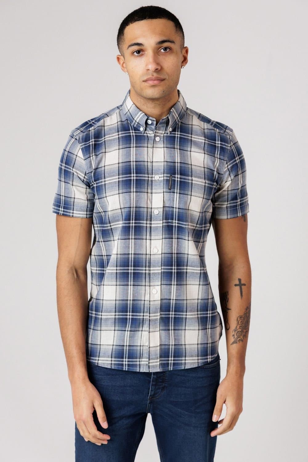 French Connection French Connection Men's Cotton Short Sleeve Checked Chest Pocket Shirt in Blue