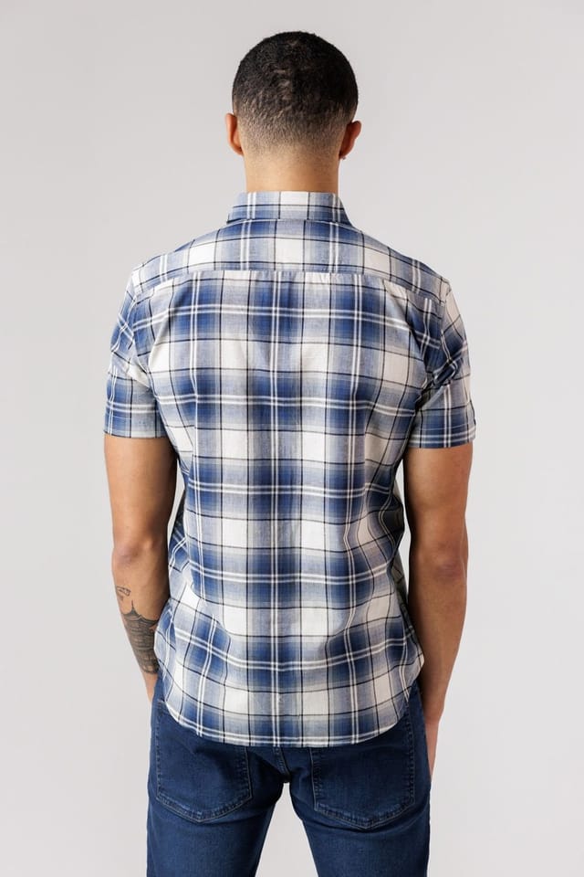 French Connection French Connection Men's Cotton Short Sleeve Checked Chest Pocket Shirt in Blue - 2