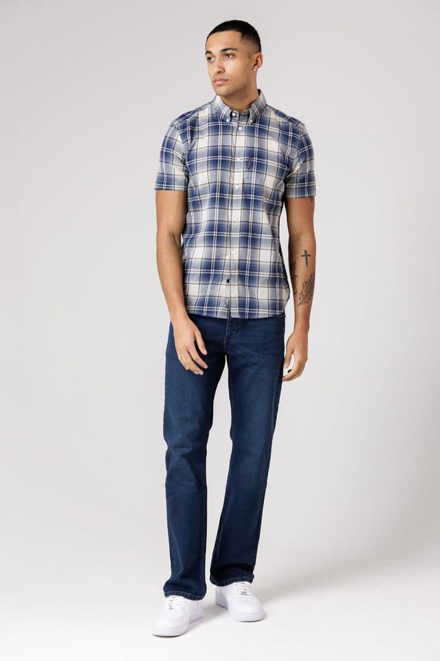 French Connection French Connection Men's Cotton Short Sleeve Checked Chest Pocket Shirt in Blue - 3