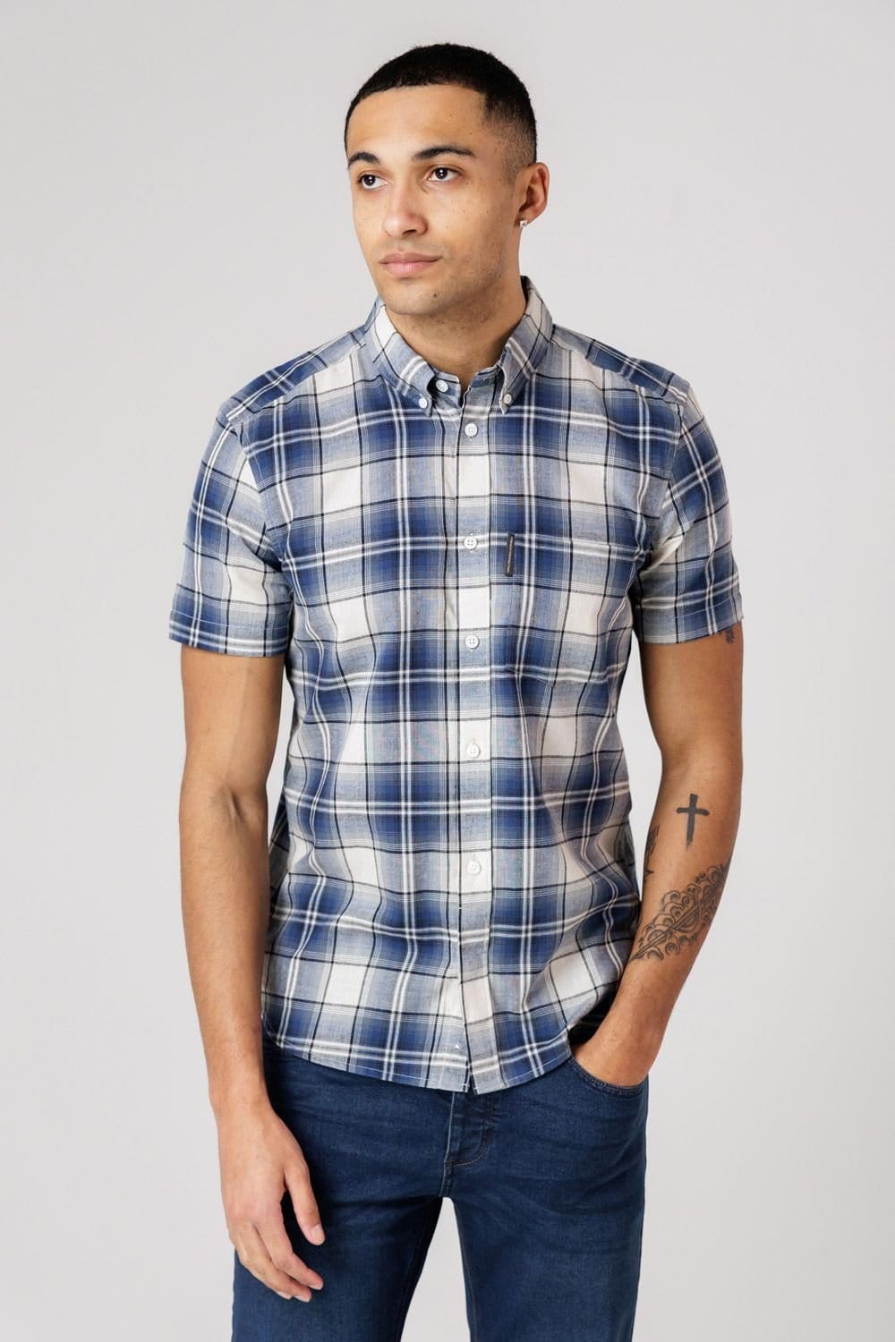 French Connection French Connection Men's Cotton Short Sleeve Checked Chest Pocket Shirt in Blue - 4