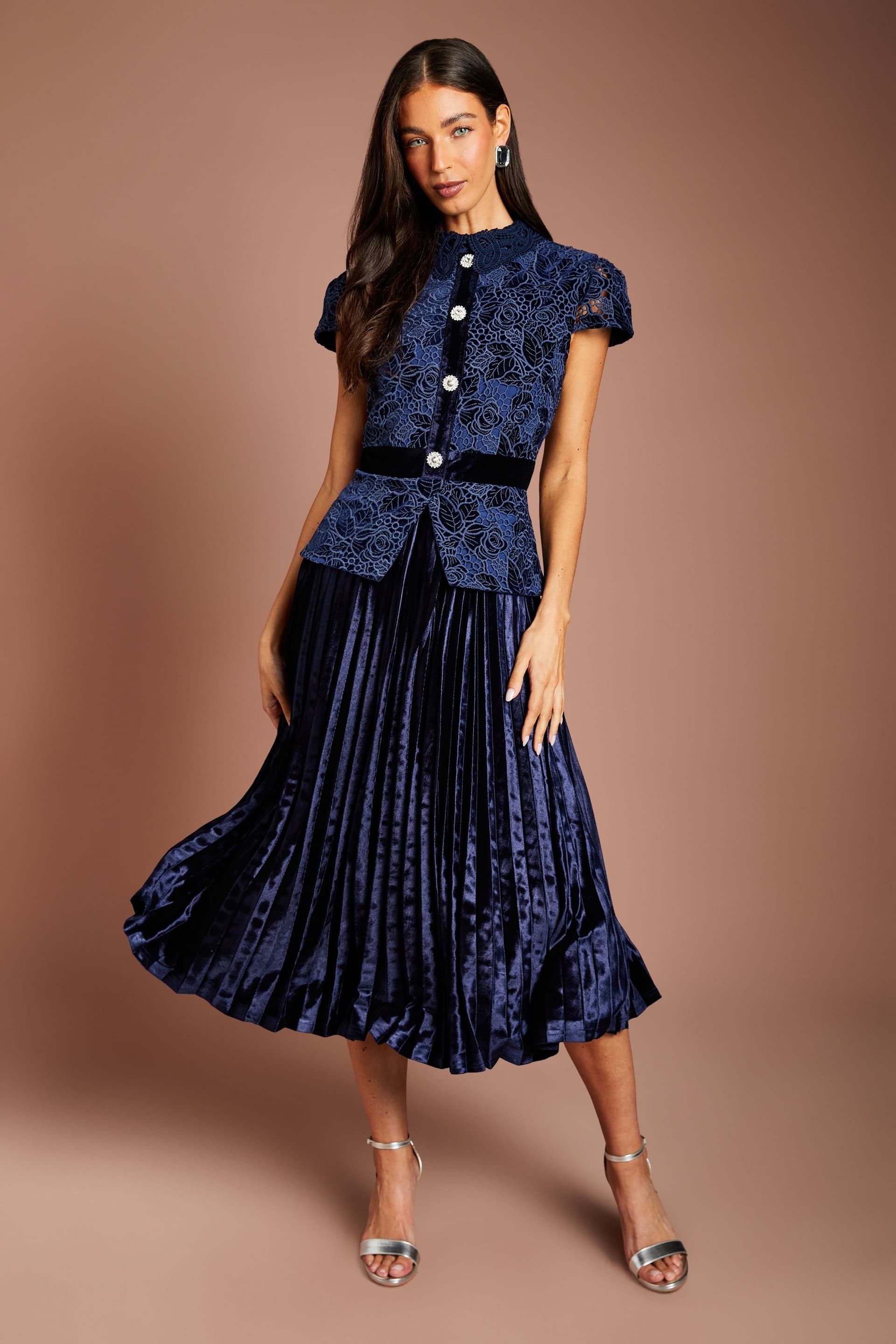 Coast Coast Women's Velvet Lace Bodice With Pleated Velvet Skirt Midi Dress in Navy