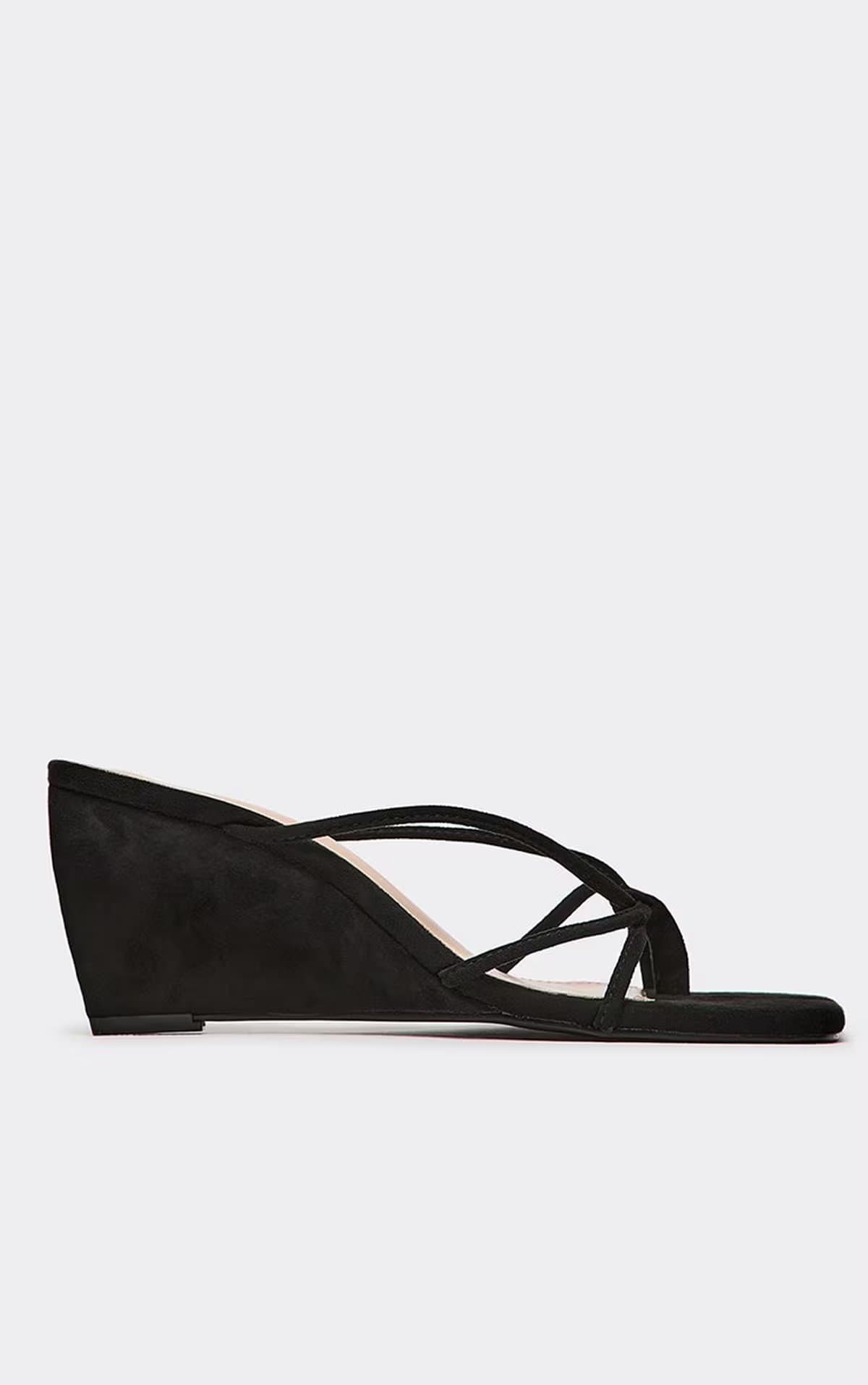 EGO Twyla Strappy Wedge Heeled Mule In Black Faux Suede, Women's Size UK 3