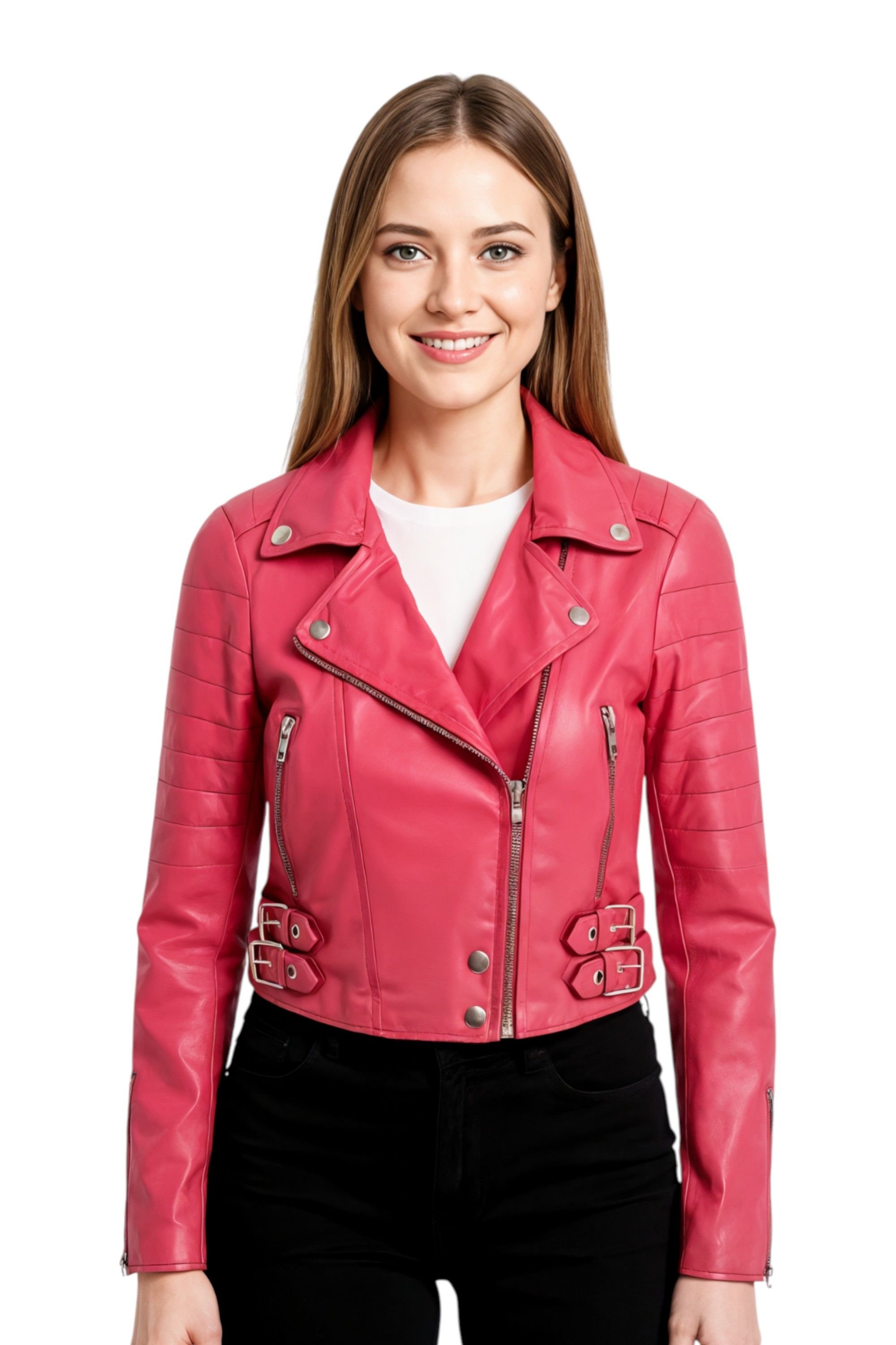 Infinity Leather Infinity Leather Women's Cropped Brando Leather Biker Jacket-Bellville in Fuchsia - 2