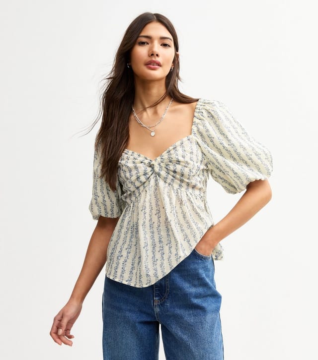 New Look Women's Blue Floral Print Puff Sleeve Milkmaid Top New Look - 2