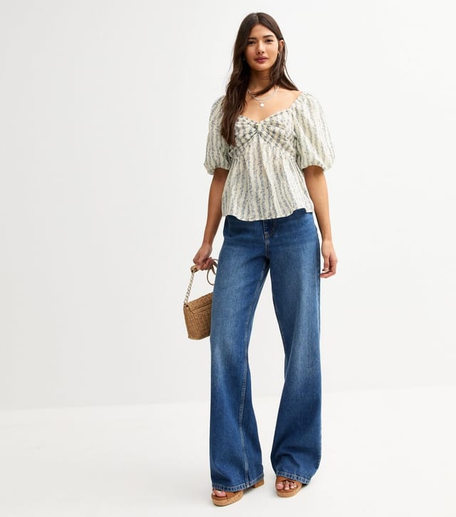 New Look Women's Blue Floral Print Puff Sleeve Milkmaid Top New Look - 3