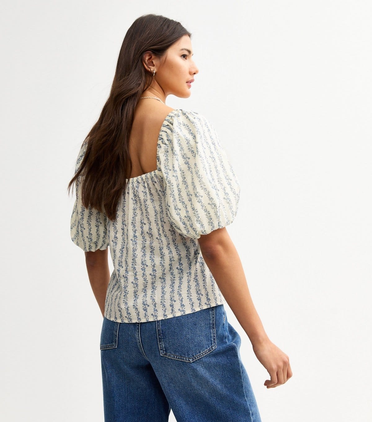 New Look Women's Blue Floral Print Puff Sleeve Milkmaid Top New Look - 4