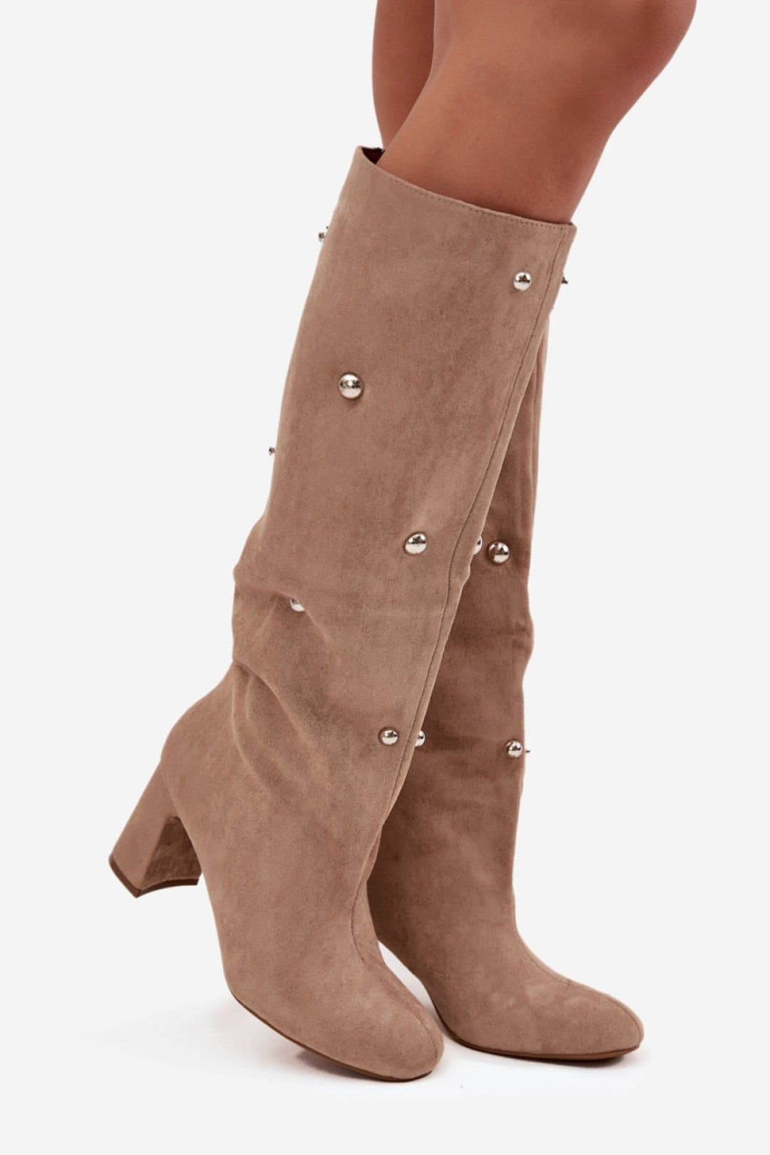 Love Lace Love Lace Women's Suede Heel Boots with Rounded Toes & Decorative Upper in Beige