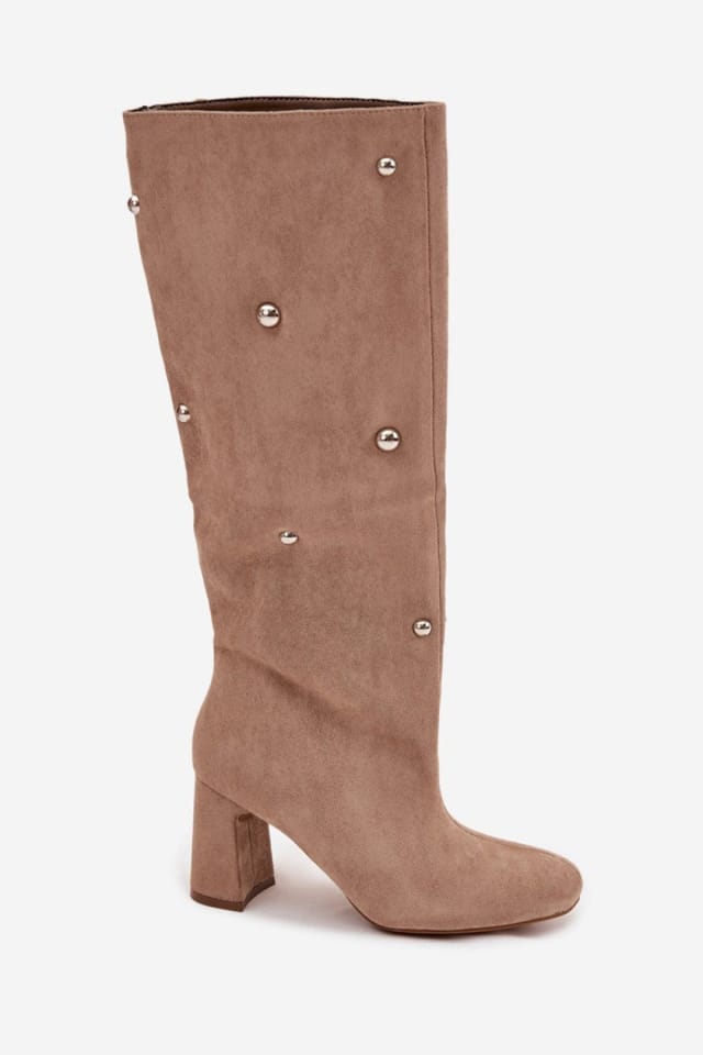 Love Lace Love Lace Women's Suede Heel Boots with Rounded Toes & Decorative Upper in Beige - 2