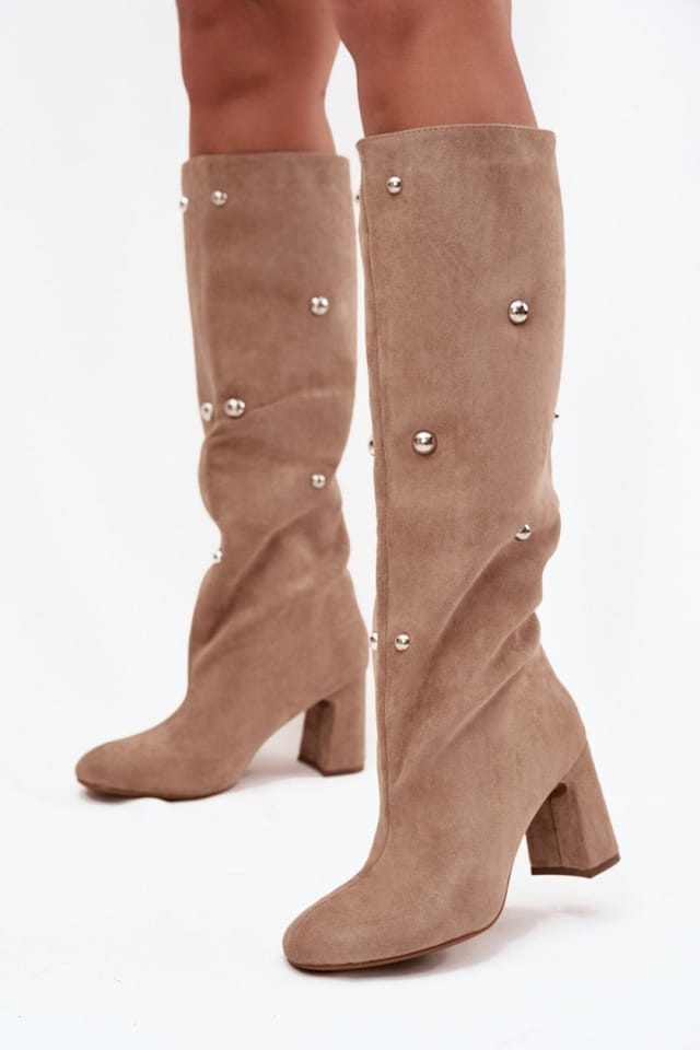 Love Lace Love Lace Women's Suede Heel Boots with Rounded Toes & Decorative Upper in Beige - 3