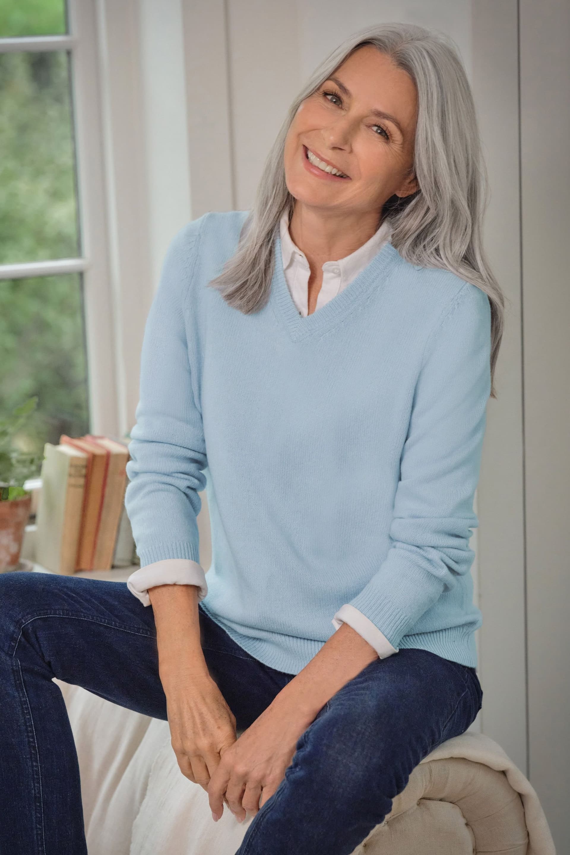 WoolOvers WoolOvers Women's 100% Wool Classic V Neck Jumper in Pale Blue