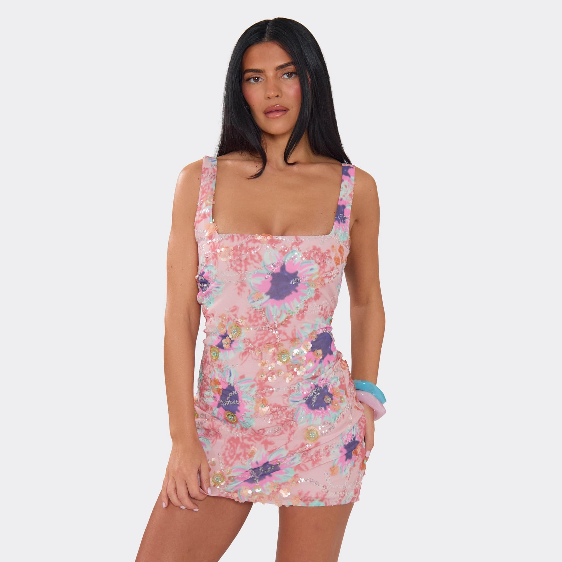 EGO Square Neck Floral Embellished Detail Mini Dress In Pink, Women's Size UK 6