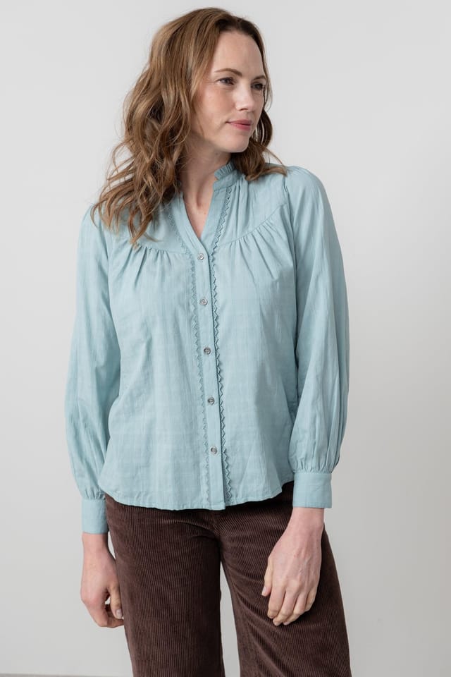 Lily & Me Lily & Me Women's Wayfaring Check Cotton Long Sleeve Blouse in Duck Egg Blue - 3