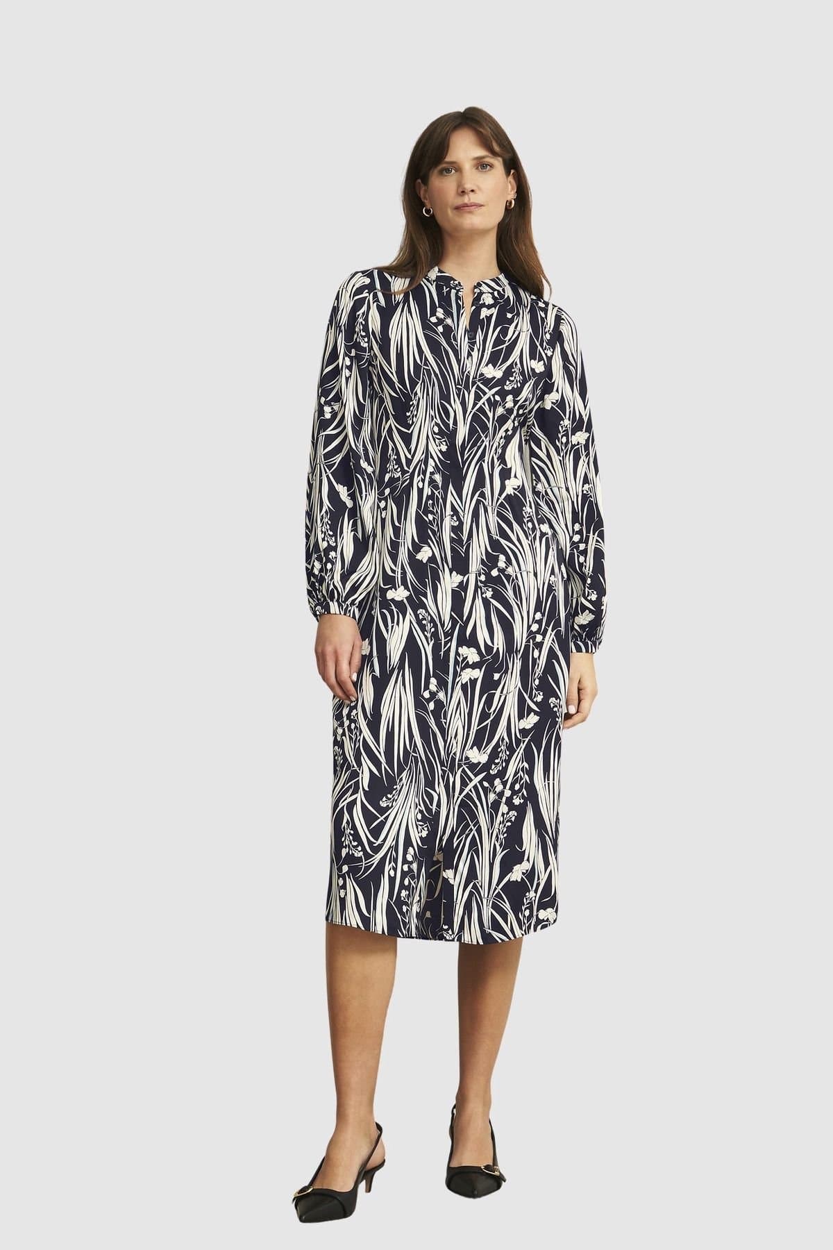 Hobbs London Hobbs London Women's Colette Long Sleeve Printed Midi Dress in Dark Navy