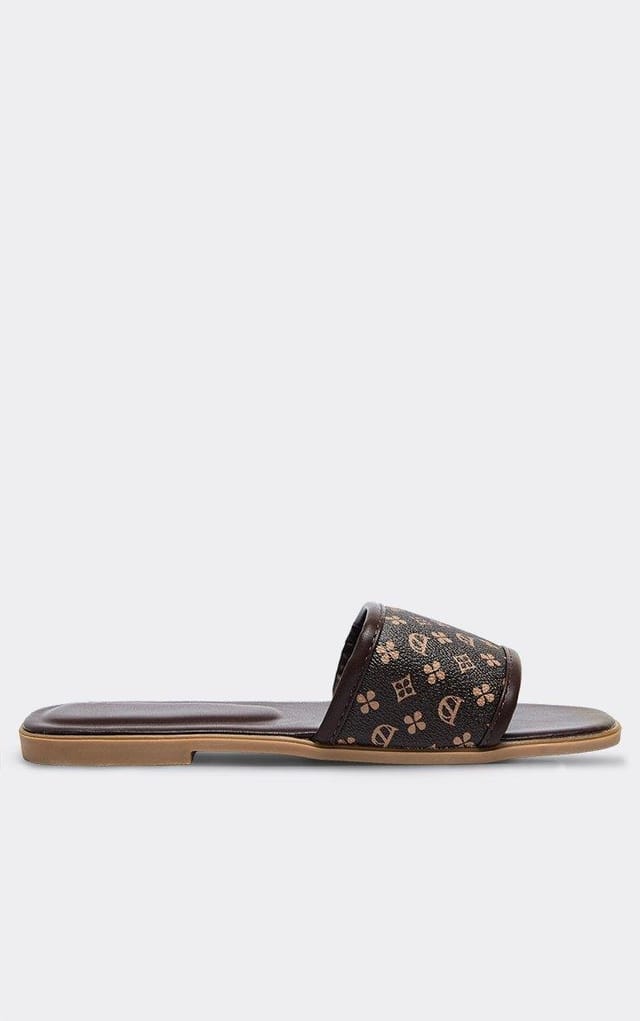 EGO Citric Printed Strap Detail Flat Slider Sandal In Brown Faux Leather, Women's Size UK 3 - 2