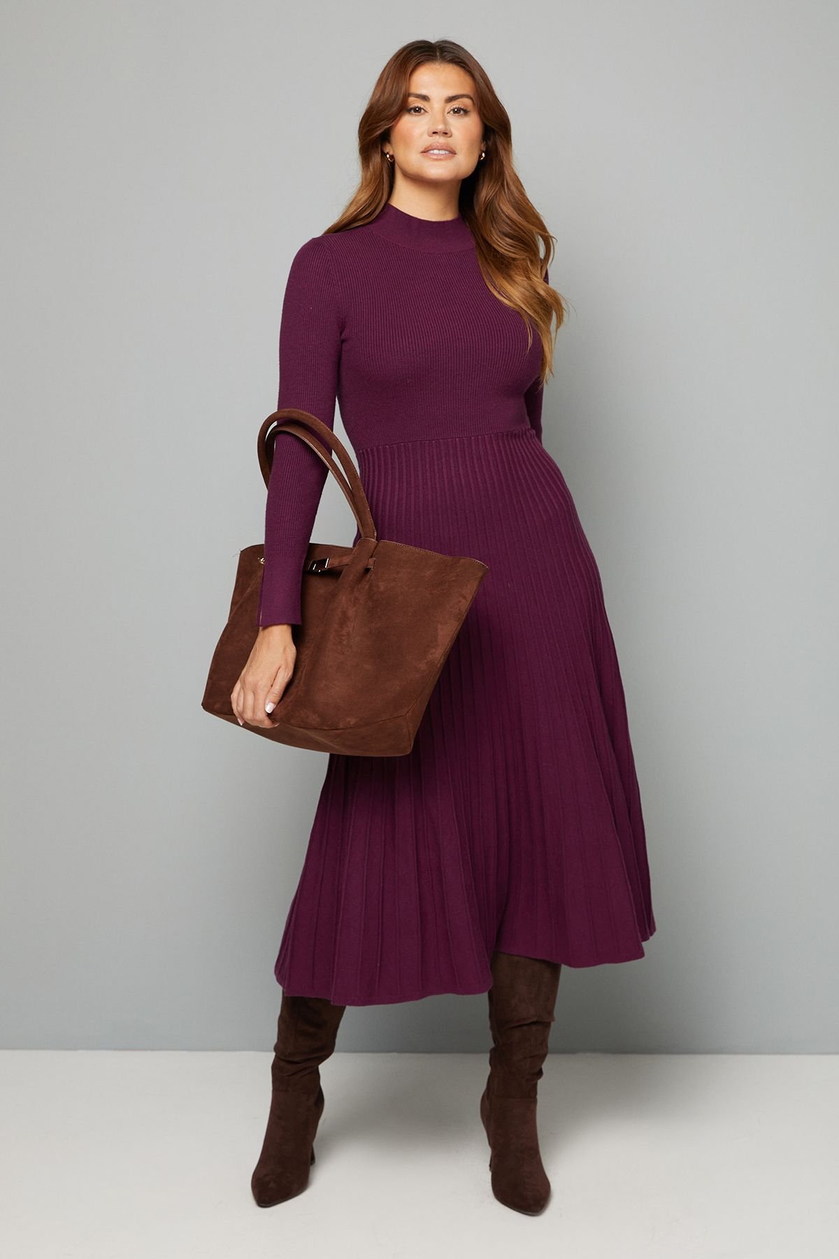 Wallis Wallis Women's Button Cuff Detail High Neck Pleated Knitted Midaxi Dress in Plum - 2