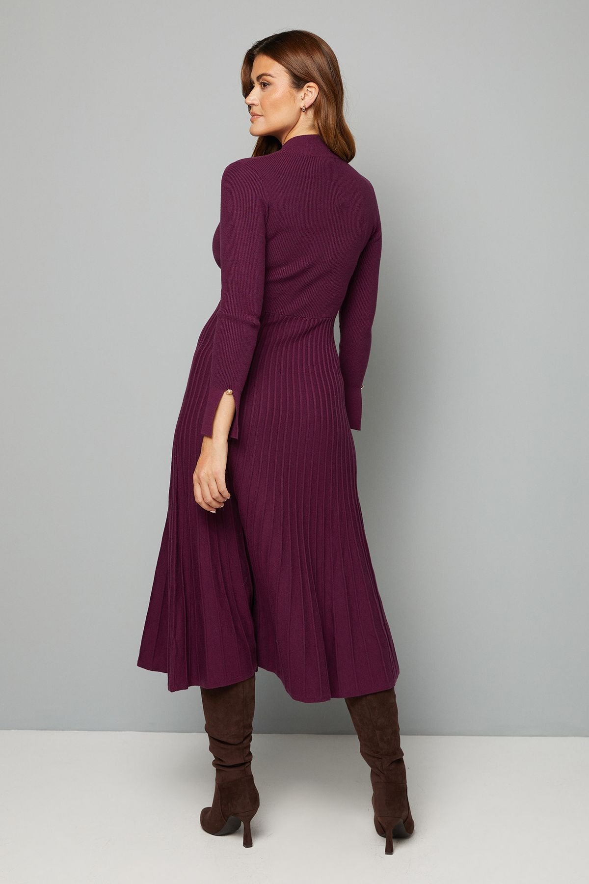 Wallis Wallis Women's Button Cuff Detail High Neck Pleated Knitted Midaxi Dress in Plum - 3