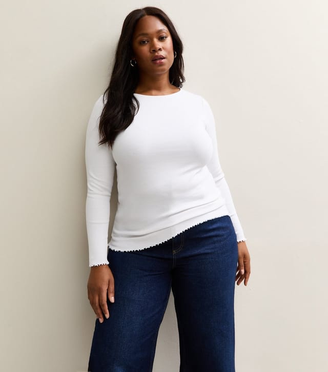 New Look Women's Plus Size White Long Sleeve Frilly Trim Top Curves New Look - 2