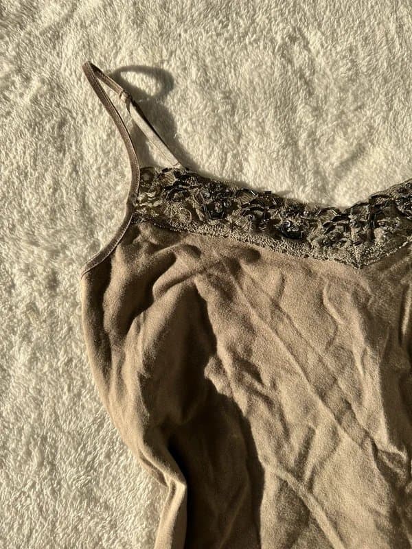 New Look Y2K New Look Old Label Khaki Sequin/Beaded Lace Cami Size 14