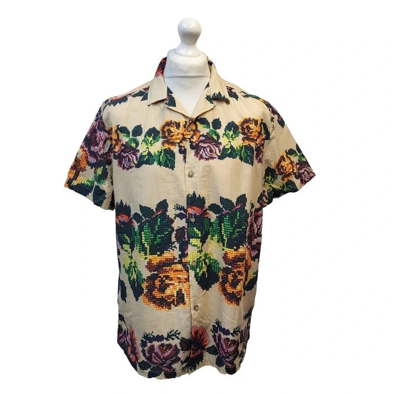 ASOS Asos Hawaiian Print Shirt Beige Floral Short Sleeve Men's M