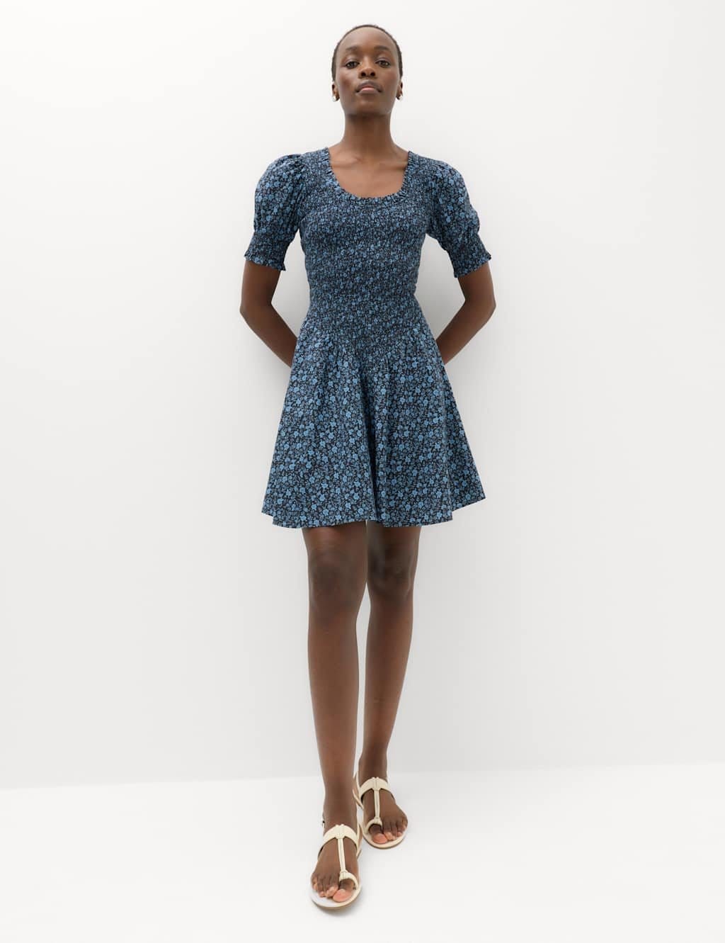 Marks & Spencer M&S Pure Cotton Floral Mini Shirred Dress Blue Mix - 1