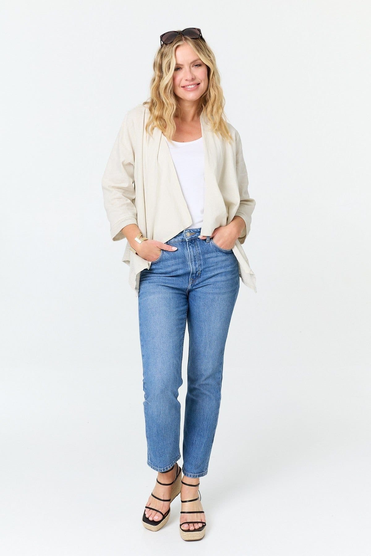 Izabel London Izabel London Women's 3/4 Sleeve Relaxed Waterfall Cardigan in Beige - 4