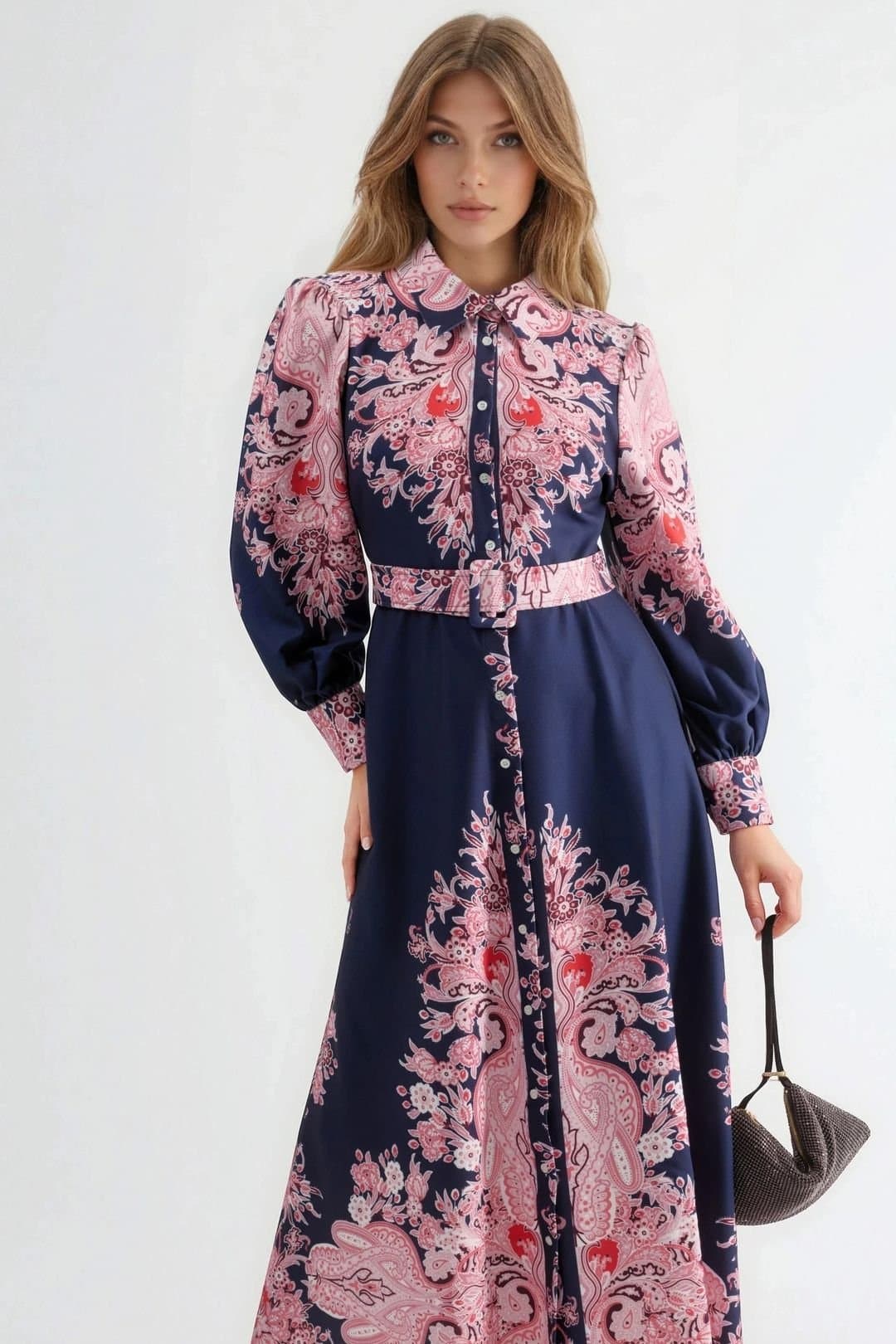 MSN Collection MSN Collection Women's Belted Maxi Dress with Paisley Print