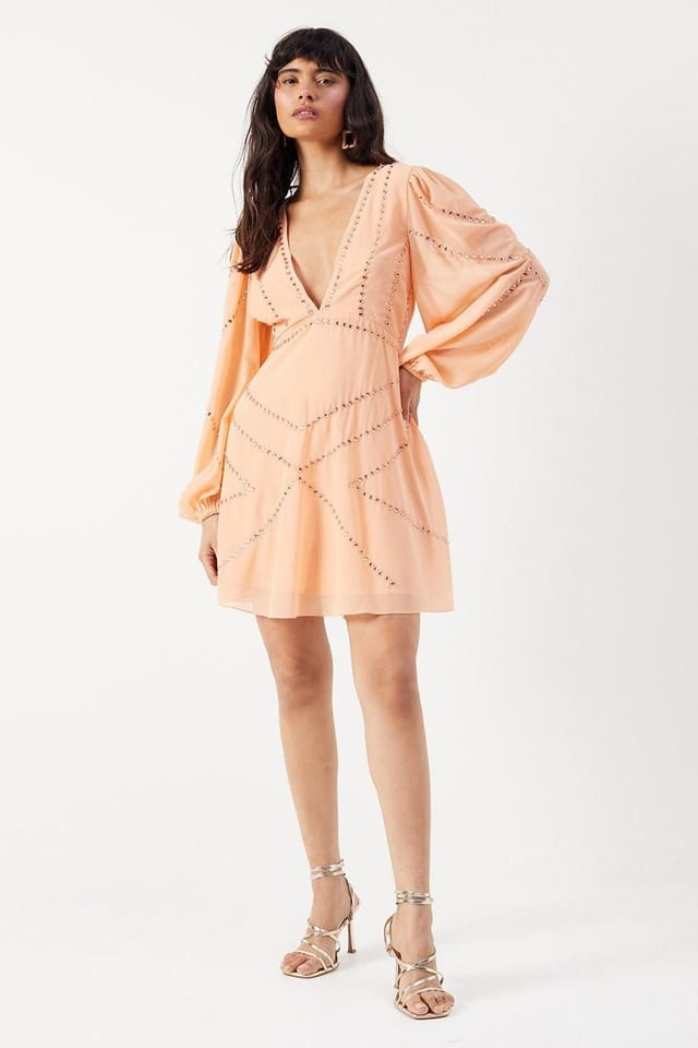 Warehouse Warehouse Women's Premium Chiffon Embellished Sequin Plunge Neck Mini Dress in Washed Coral - 2