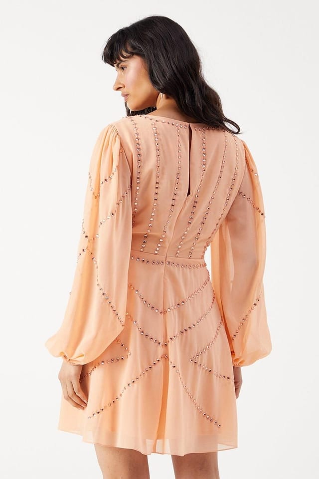 Warehouse Warehouse Women's Premium Chiffon Embellished Sequin Plunge Neck Mini Dress in Washed Coral - 3