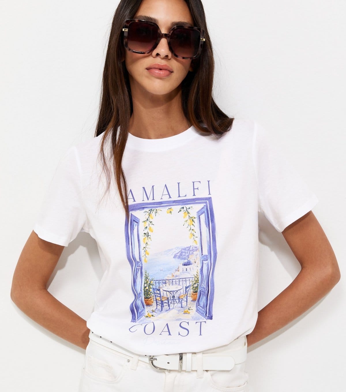 New Look White Cotton Amalfi Coast Print Relaxed Fit T-Shirt