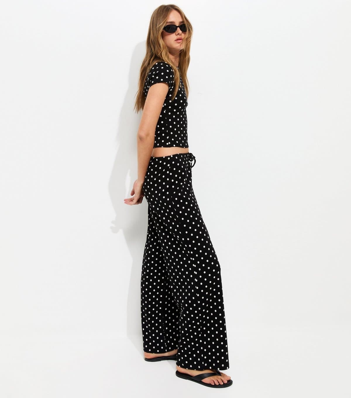New Look Women's Black Cotton Rich Polka Dot Wide Leg Trousers New Look