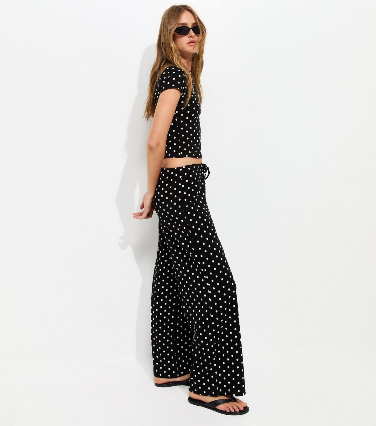 New Look Black Polka Dot Cotton Rich Wide Leg Trousers