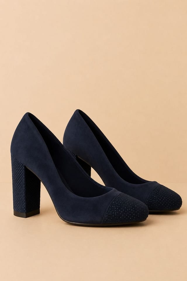 Spot On Spot On Women's Block Heel Faux Suede Court Shoes with Embellished Toecap in Navy - 2
