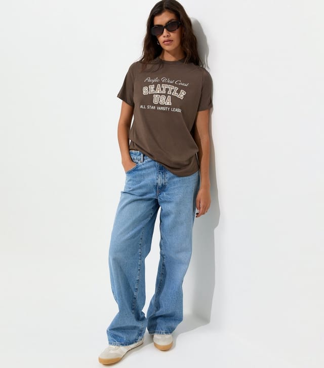 New Look Women's Dark Brown Cotton Seattle USA Print Relaxed Fit T-Shirt New Look - 3