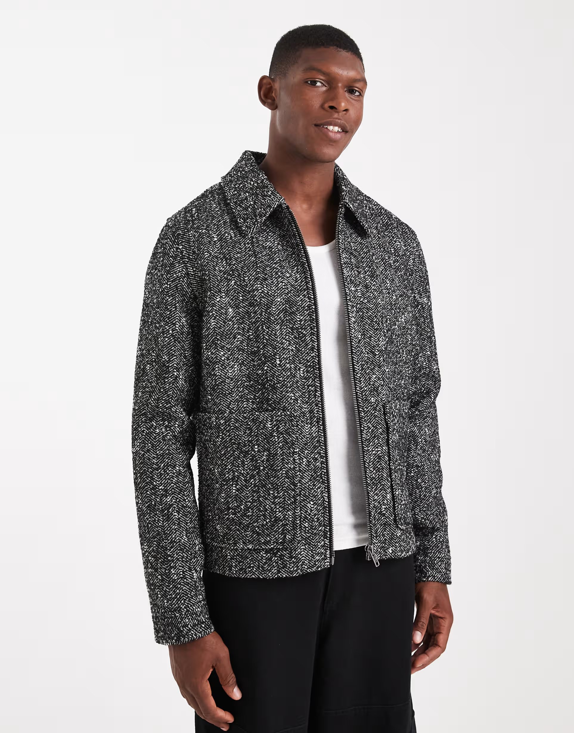 ASOS ASOS DESIGN wool look harrington jacket in black herringbone - 1
