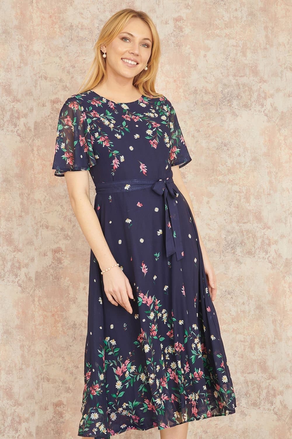 Yumi Yumi Women's Navy Daisy Mirror Placement Skater Dress With Angel Sleeves