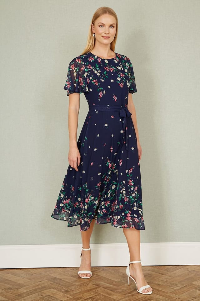 Yumi Yumi Women's Navy Daisy Mirror Placement Skater Dress With Angel Sleeves - 3