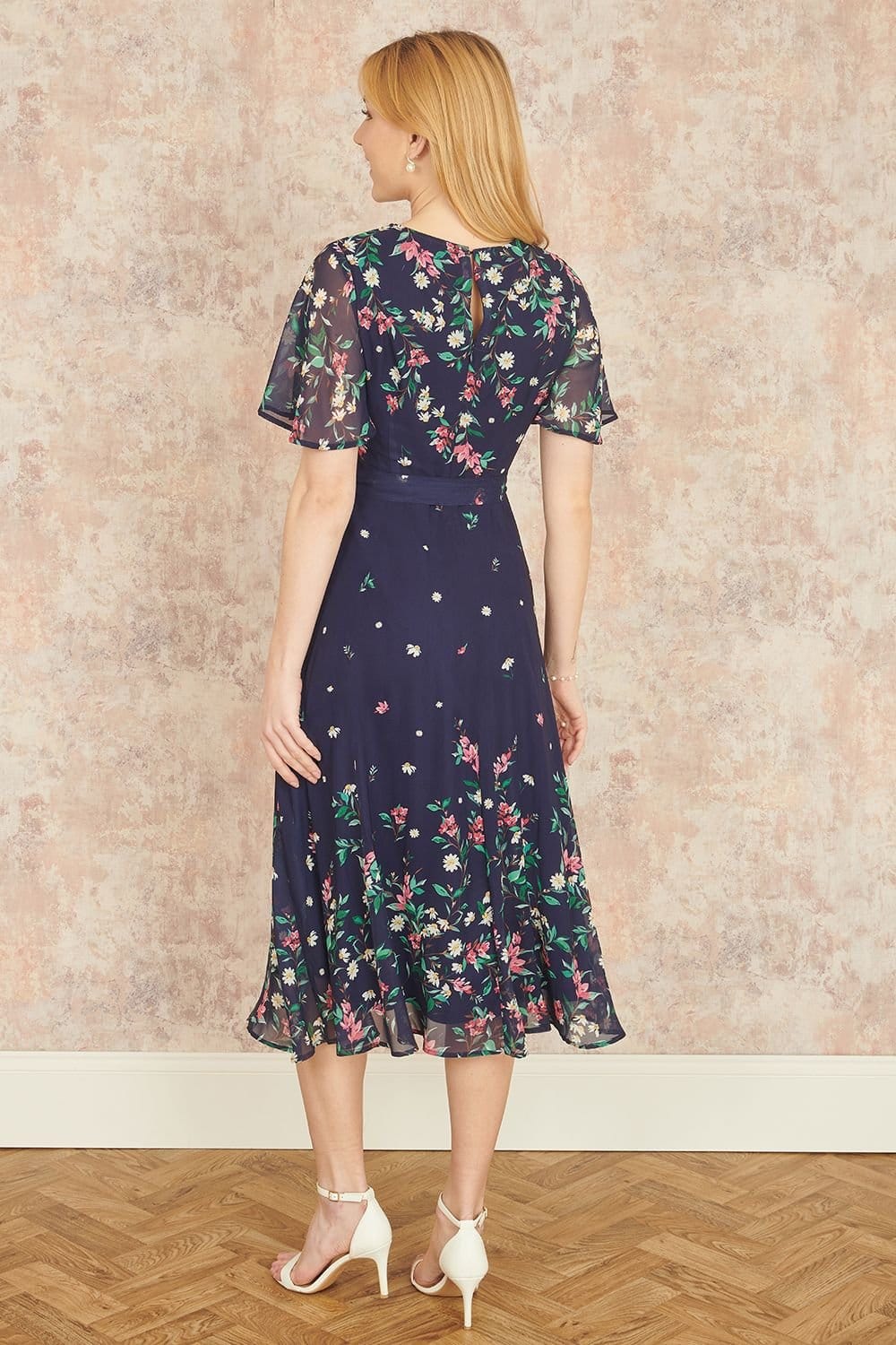 Yumi Yumi Women's Navy Daisy Mirror Placement Skater Dress With Angel Sleeves - 4