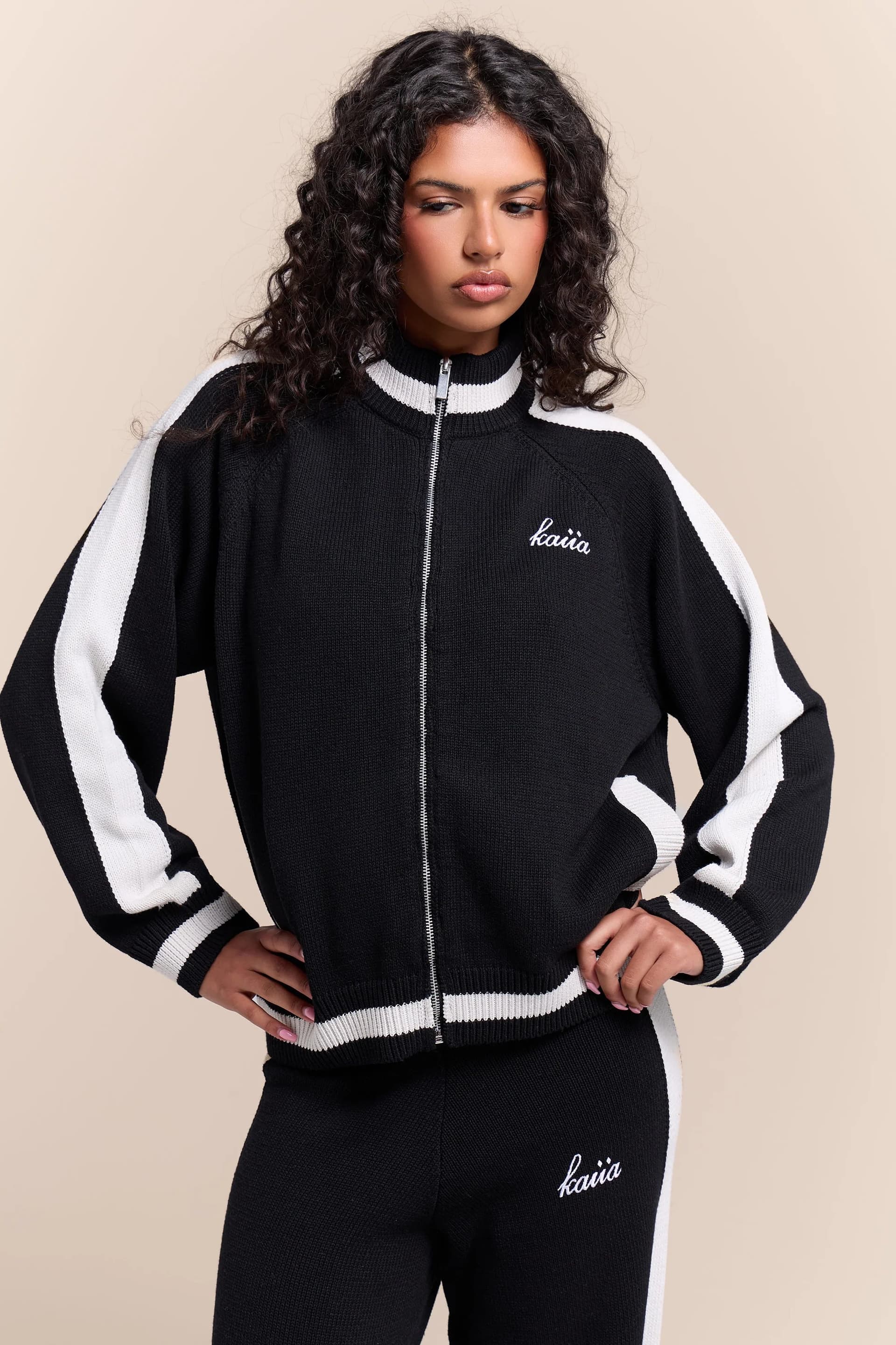 Kaiia Kaiia Knit Sport Stripe Zip Through Sweatshirt Black & White