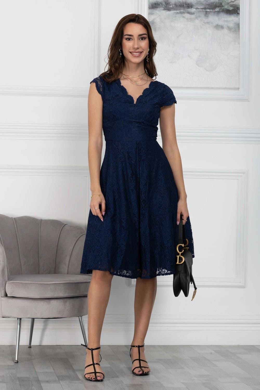 Jolie Moi Jolie Moi Women's Cap Sleeve 50s Lace Dress in Navy