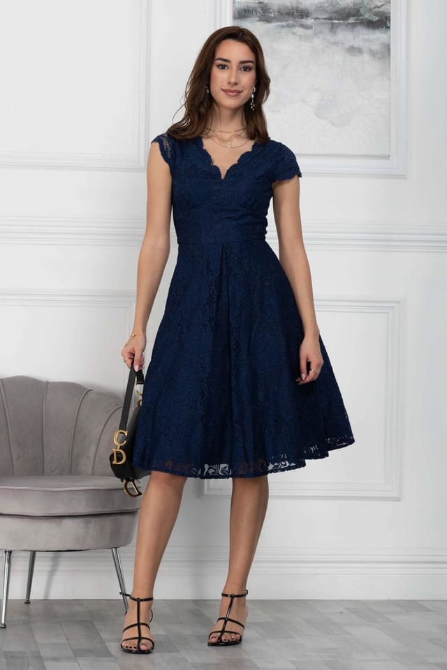 Jolie Moi Jolie Moi Women's Cap Sleeve 50s Lace Dress in Navy - 3