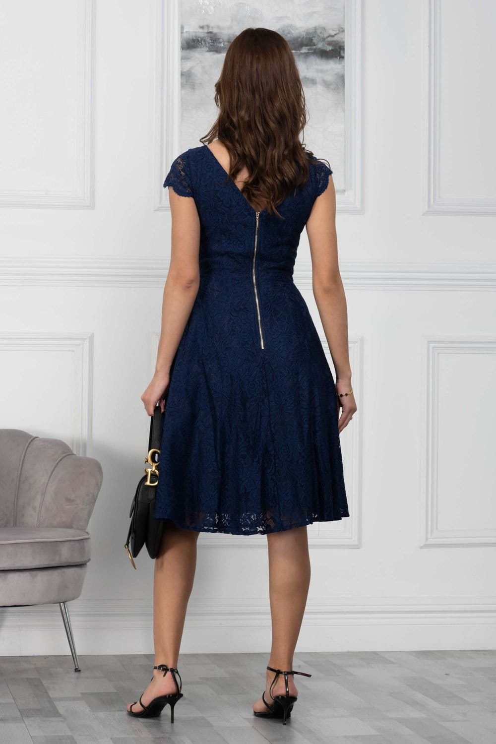 Jolie Moi Jolie Moi Women's Cap Sleeve 50s Lace Dress in Navy - 4