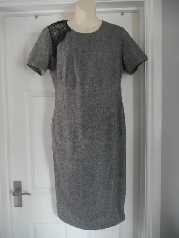 New Look Red A Terre Grey Wool Blend Lace Panel Pencil Dress Size 12 Office Wiggle Midi