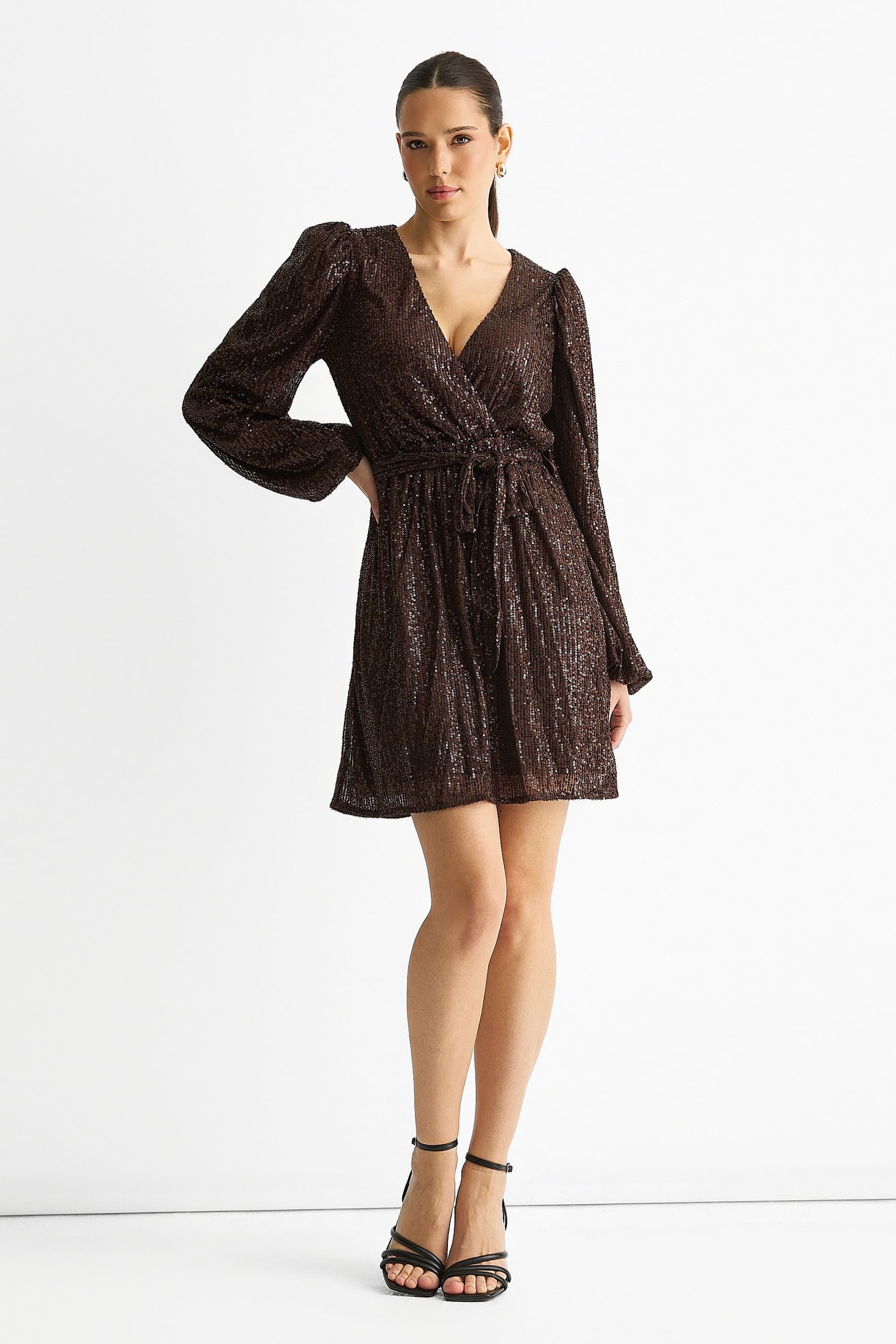 Gini London Gini London Women's Chocolate Sequin V Neck Belted Mini Dress in Brown