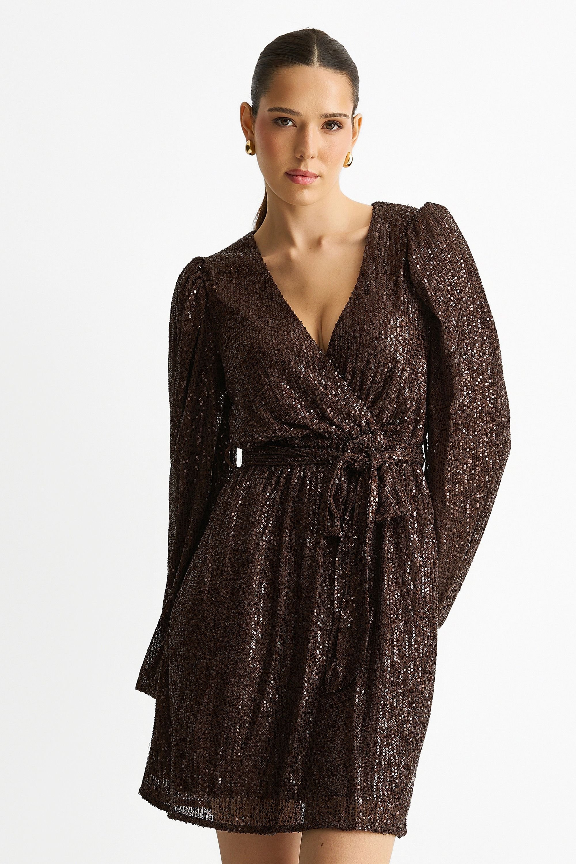 Gini London Gini London Women's Chocolate Sequin V Neck Belted Mini Dress in Brown - 2