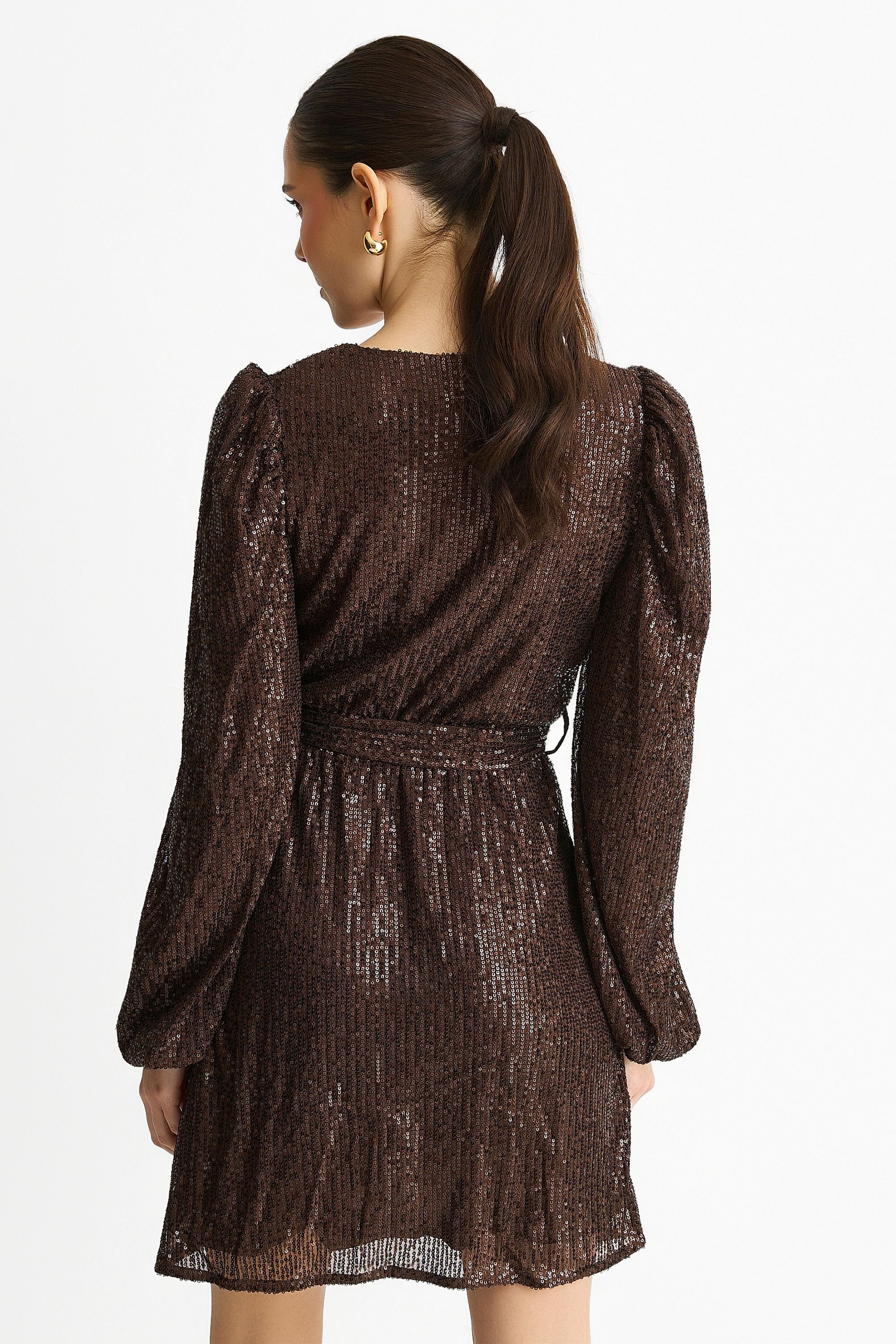 Gini London Gini London Women's Chocolate Sequin V Neck Belted Mini Dress in Brown - 4