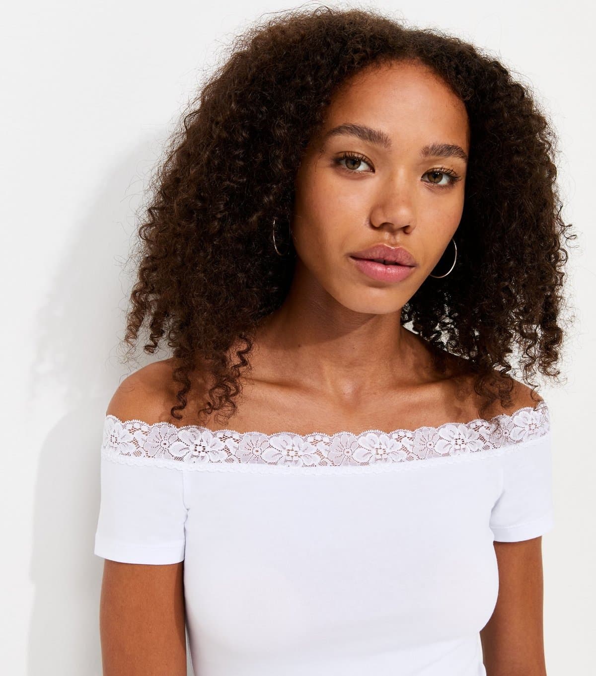 New Look Women's White Cotton Rich Lace Trim Bardot T-Shirt New Look