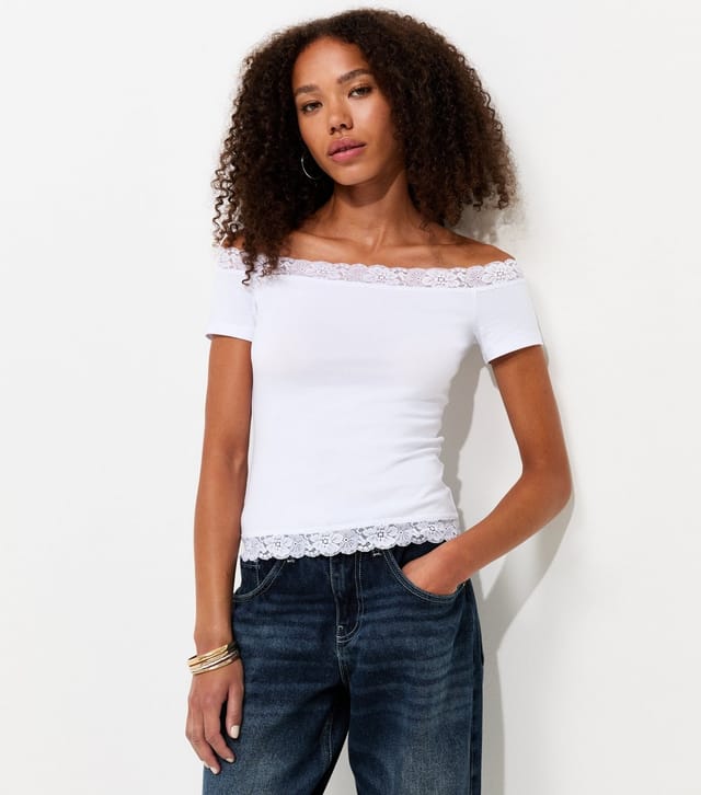 New Look Women's White Cotton Rich Lace Trim Bardot T-Shirt New Look - 2